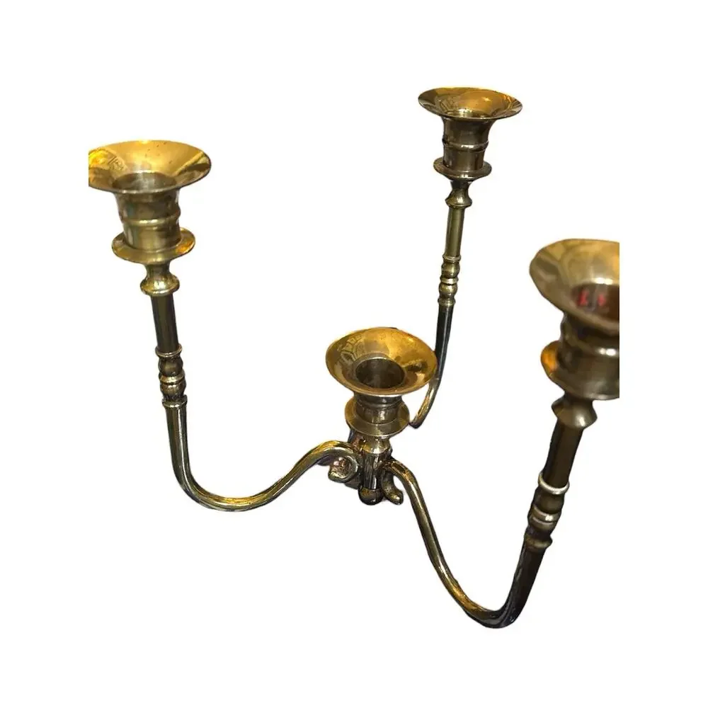 Vintage MCM Solid Quality Brass 4 Candle Candelabra Centerpiece 7.5”